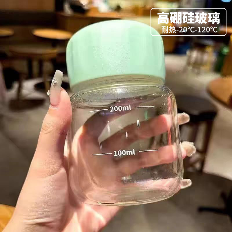 可爱玻璃杯耐热女生高颜值高硼硅小巧便携水杯夏季咖啡刻度胖胖杯